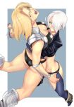  2girls abs anagumasan angel_(kof) bearhug blonde_hair blue_eyes boots bra breasts cowboy_boots cropped_jacket crossover dead_or_alive fighting fingerless_gloves gloves hair_over_one_eye highres hug jacket large_breasts leather leather_jacket multiple_girls one_eye_closed open_mouth snk squeezing strapless strapless_bra the_king_of_fighters the_king_of_fighters_2001 the_king_of_fighters_xiv tina_armstrong toned underwear waist_hug white_hair wrestling 