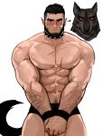  1boy arm_hair bandaid bandaid_on_face bara black_hair black_male_underwear bound bound_wrists collar highres jang_ju_hyeon looking_at_viewer male_focus male_underwear mature_male muscular muscular_male original pectorals short_hair solo spiked_collar spikes topless_male underwear werewolf 