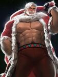  1boy arm_hair bara beard blue_eyes cookie_run eggnog_cookie facial_hair gift_bag highres jang_ju_hyeon male_focus mature_male muscular muscular_male mustache open_clothes pectorals santa_costume solo white_hair 