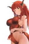  1girl bare_arms bare_shoulders breasts closed_mouth cowboy_shot dragon_horns dragon_tail gold_trim grayfox heterochromia highleg highleg_leotard highres horns large_breasts leotard long_hair looking_down navel original pulled_by_self red_eyes red_hair red_leotard scales sidelocks simple_background solo sweat tail white_background yellow_eyes 