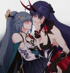 2girls ahoge bangs black_gloves blue_eyes blue_hair blush breasts cleavage detached_sleeves eye_contact eyebrows_visible_through_hair eyes_visible_through_hair finger_in_another&#039;s_mouth fu_hua fu_hua_(azure_empyrea) gloves grey_background hair_ornament holding_hands honkai_(series) honkai_impact_3rd horns long_hair looking_at_another medium_breasts multiple_girls negom ponytail purple_hair raiden_mei raiden_mei_(herrscher_of_thunder) red_eyes red_horns saliva simple_background tongue tongue_out yuri 