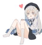  1girl :d absurdres bandaid bandaid_on_knee bandaid_on_nose bangs beret black_headwear black_skirt blush brown_eyes collared_shirt dress_shirt eyebrows_visible_through_hair fang full_body grey_hair hair_between_eyes hat heart highres knees_up long_hair luke_(dydansgur) no_shoes original shirt simple_background sitting skirt smile socks solo stuffed_animal stuffed_toy stuffed_whale suspender_skirt suspenders twintails very_long_hair white_background white_legwear white_shirt 