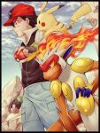  1boy ash_ketchum bangs baseball_cap brown_hair closed_mouth cloud commentary_request day fingerless_gloves fire from_side gloves hat holding holding_poke_ball infernape jacket male_focus outdoors pants pikachu pillar poke_ball poke_ball_(basic) pokemon pokemon_(anime) pokemon_(creature) pokemon_dppt_(anime) red_hayao red_headwear rock short_hair sky smile 