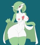  absurd_res big_breasts breasts clothed clothing clothing_lift dress dress_lift female gardevoir genitals green_hair hair hi_res nintendo not_furry pok&eacute;mon pok&eacute;mon_(species) pussy sanfingulipunrapin solo video_games white_body wide_hips 