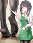  1girl apron bangs black_hair black_legwear collared_shirt cowboy_shot employee_uniform eyebrows_visible_through_hair feet green_apron hair_ornament hair_scrunchie hand_up highres long_hair long_sleeves looking_at_viewer mask mole mole_under_eye mouth_mask multiple_views name_tag no_shoes oouso orange_eyes original pantyhose ponytail scrunchie shirt soles store_clerk swept_bangs translated uniform white_shirt wooden_floor 