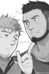  2boys bara beard blush eye_contact facial_hair flying_sweatdrops goatee greyscale hand_on_another&#039;s_chin highres looking_at_another male_focus mature_male monochrome multiple_boys muscular muscular_male original powerlesssong short_hair sketch stubble thick_eyebrows undercut upper_body weibo_logo weibo_username yaoi 