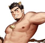 1boy abs alca alternate_facial_hair animal_ears bara beard black_hair commission facial_hair facial_mark gyee large_pectorals lion_boy lion_ears long_sideburns looking_at_viewer lowres male_focus mature_male muscular muscular_male nipples nude one_eye_closed original pectorals powerlesssong short_hair sideburns solo stomach thick_eyebrows upper_body weibo_logo weibo_username 