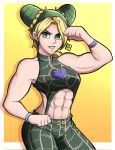  1girl abs blonde_hair braid breasts clenched_hands commentary crown_braid double_bun earrings english_commentary green_eyes green_hair green_lips hair_bun highres jewelry jojo_no_kimyou_na_bouken kermittend kujo_jolyne looking_at_viewer medium_breasts midriff multicolored_hair muscular muscular_female navel parted_bangs sleeveless solo spider_web_print star_(symbol) star_earrings stomach stone_ocean two-tone_hair wristband 