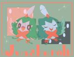  animal_focus arrow_(projectile) beak bird brown_eyes closed_eyes closed_mouth commentary_request cosplay decidueye decidueye_(cosplay) framed green_background highres lemonade_kokoi no_humans open_mouth pokemon pokemon_(creature) rowlet sparkle standing tongue twitter_username 