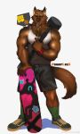  1boy absurdres animal_ears bara bare_arms bare_shoulders black_shorts brown_fur coach covered_nipples fluffy full_body furry furry_male green_legwear highres large_pectorals looking_at_viewer male_focus muscular muscular_male original pectorals powerlesssong seductive_smile short_hair shorts skateboard smile socks solo tail tank_top thick_eyebrows weibo_logo weibo_username whistle whistle_around_neck white_tank_top wolf_boy wolf_ears wolf_tail 