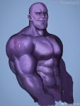  1boy abs bald bara colored_skin completely_nude cropped_torso facial_hair highres large_pectorals looking_at_viewer male_focus marvel muscular muscular_male navel nipples nude original pectorals powerlesssong purple_skin smile solo stomach stubble thanos weibo_logo weibo_username 