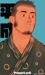  1boy absurdres artist_name bara black_hair face facial_hair goatee green_kimono highres japanese_clothes kimono long_sideburns male_focus mature_male mustache original portrait powerlesssong raised_eyebrows short_hair sideburns simple_background solo stubble thick_eyebrows unfinished 