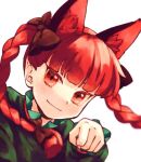  1girl animal_ear_fluff animal_ears bow braid cat_ears chikuwa_(rinka) dress green_dress kaenbyou_rin looking_at_viewer paw_pose portrait red_eyes red_hair slit_pupils smile solo touhou traditional_media tsurime twin_braids white_background 