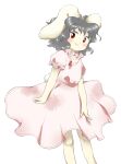  1girl animal_ears arm_at_side bangs black_hair blush carrot carrot_necklace closed_mouth dress eyebrows_visible_through_hair feet_out_of_frame floating_hair floppy_ears frilled_shirt_collar frilled_sleeves frills from_side inaba_tewi jewelry looking_at_viewer looking_to_the_side medium_dress necklace nonamejd official_style pendant pink_dress pleated_dress puffy_short_sleeves puffy_sleeves rabbit_ears rabbit_girl rabbit_tail red_eyes ribbon-trimmed_dress ribbon-trimmed_sleeves ribbon_trim short_hair short_sleeves simple_background smile solo standing tail tareme touhou wavy_hair white_background wrist_extended zun_(style) 