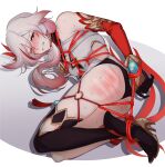  1girl bdsm black_gloves blush bondage bound clenched_teeth eyebrows_visible_through_hair fu_hua fu_hua_(phoenix) gloves hair_between_eyes hair_ornament honkai_(series) honkai_impact_3rd long_hair lying negom on_side one_eye_closed red_eyes red_hair red_rope restrained rope shibari shibari_over_clothes simple_background slap_mark solo sweat teeth thighs white_background white_hair 