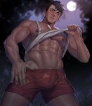  1boy abs absurdres arkapami bara black_hair bulge clothes_lift fang fang_out full_moon highres large_pectorals lifted_by_self looking_to_the_side male_focus moon muscular muscular_male navel night night_sky nipples orange_eyes outdoors pectorals red_shorts short_hair shorts sky solo tank_top vladimir_elliot_kirilenko wan_sheng_jie white_tank_top 