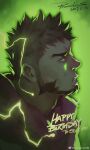  1boy absurdres bara blue_eyes borrowed_character brownn_hair from_side frown glowing glowing_eyes green_background happy_birthday highres lightning male_focus mature_male original powerlesssong short_hair solo spiked_hair undercut upper_body weibo_logo weibo_username 