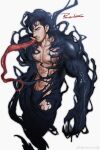  1boy abs absurdres bara beard black_bodysuit blonde_hair bodysuit bulge eddie_brock facial_hair highres long_tongue looking_at_viewer male_focus marvel mature_male monster_boy muscular muscular_male mustache nipples pectoral_cleavage pectorals powerlesssong saliva saliva_trail sharp_teeth short_hair sideburns slime_boy solo_focus stomach stubble symbiote teeth thick_eyebrows thighs tongue tongue_out venom_(marvel) weibo_logo weibo_username 