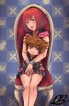  1girl absurdres blue_eyes chair daniel_bui_921 highres jewelry kairi_(kingdom_hearts) kingdom_hearts kingdom_hearts_iii looking_at_viewer open_mouth red_hair short_hair signature skirt smile solo sora_(kingdom_hearts) stuffed_toy 