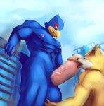  absurd_res anthro avian ball_fondling balls bird blue_body bodily_fluids building canid canine city duo erection falco_lombardi fellatio fondling fox fox_mccloud genital_fluids genitals hi_res kovaltiel licking low-angle_view macro male male/male mammal nintendo oral penile penis penis_lick precum sex star_fox tongue tongue_out video_games 