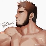  1boy bara beard brown_hair facial_hair from_side highres looking_to_the_side male_focus mature_male muscular muscular_male nude original pectorals powerlesssong short_hair smile solo thick_eyebrows weibo_logo weibo_username 