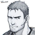  1boy bara beard chris_redfield clenched_teeth close-up face facial_hair frown greyscale highres male_focus mature_male monochrome muscular muscular_male mustache original powerlesssong resident_evil short_hair sideburns solo stubble teeth thick_eyebrows upper_body weibo_logo weibo_username 