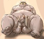  2021 anthro anus asterios balls belly blush bodily_fluids bovid bovine brown_body butt cattle erection facial_piercing genitals kemono kotobuki lifewonders male mammal moobs navel nipples nose_piercing nose_ring obese obese_male overweight overweight_male penis piercing sitting solo sweat tokyo_afterschool_summoners video_games 