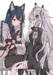  2girls :d ^_^ afterimage anger_vein animal_ear_fluff animal_ears arknights bandaged_arm bandaged_hand bandaged_leg bandages bangs black_hair black_jacket black_legwear black_shorts blush brown_eyes closed_eyes commentary_request eyebrows_visible_through_hair feet_out_of_frame gloves grey_hair hair_between_eyes hair_ornament hairclip highres jacket lappland_(arknights) legwear_under_shorts long_hair mito_(go!go!king!) mouth_hold multiple_girls official_alternate_costume open_clothes open_jacket pantyhose red_gloves scar scar_across_eye short_shorts shorts simple_background sitting smile stool tail tail_wagging texas_(arknights) texas_(winter_messenger)_(arknights) v-shaped_eyebrows very_long_hair white_background white_jacket white_shorts 