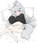  1girl :o animal_ear_fluff animal_ears bare_legs barefoot collar fang fenrir_(fenriluuu) heart highres hood hoodie long_hair long_sleeves looking_at_viewer lying milestone_celebration no_pants on_side open_mouth original panties pillow red_eyes rir-chan silver_hair sleeves_past_wrists striped striped_panties tail underwear wolf_ears wolf_girl wolf_tail 