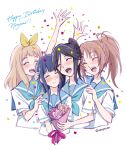  4girls arm_up birthday black_hair blue_neckerchief blush bouquet closed_eyes closed_mouth commentary_request confetti cropped_torso dark_blue_hair hairband hibike!_euphonium highres kasaki_nozomi kitauji_high_school_uniform kotomozou light_brown_hair liz_to_aoi_tori long_hair multiple_girls nakagawa_natsuki neckerchief open_mouth ponytail ribbon ribbon_hair sailor_collar school_uniform serafuku short_sleeves simple_background smile white_background yellow_hairband yellow_ribbon yoroizuka_mizore yoshikawa_yuuko 