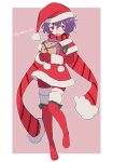  1girl alternate_costume bernadetta_von_varley christmas do_m_kaeru dress fire_emblem fire_emblem:_three_houses fur-trimmed_dress fur-trimmed_headwear fur_trim gloves hat holding purple_hair red_dress red_footwear red_gloves red_scarf santa_hat scarf solo stuffed_animal stuffed_toy thighhighs winter_clothes 