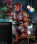  1boy abs absurdres bara beard biceps boxers bulge commentary_request erection erection_under_clothes facial_hair fate/grand_order fate_(series) highres iskandar_(fate) large_pectorals male_focus male_underwear mature_male muscular muscular_male nipples pectorals playing_games powerlesssong red_eyes red_hair saint_quartz_(fate) short_hair smile solo teeth underwear 