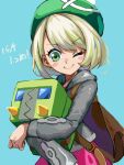  1girl alternate_eye_color alternate_hair_color aqua_background backpack bag bangs blonde_hair blush_stickers bob_cut brown_bag cable_knit cardigan charjabug closed_mouth commentary_request dress eyebrows_visible_through_hair eyelashes gloria_(pokemon) green_eyes green_headwear grey_cardigan hat highres holding holding_pokemon hooded_cardigan one_eye_closed pink_dress pokemon pokemon_(creature) pokemon_(game) pokemon_swsh short_hair sireia_round smile tam_o&#039;_shanter 