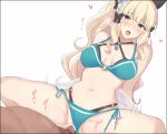  1girl ahegao bangs bikini bikini_aside bikini_bottom_aside blonde_hair blue_eyes breasts cleavage clothing_aside cowgirl_position girl_on_top green_bikini hair_ornament heart heart-shaped_pupils large_breasts mobu naughty_face open_mouth princess_connect! pussy riding saren_(princess_connect!) sex spread_legs spread_pussy straddling swimsuit symbol-shaped_pupils thighs 