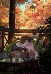  1girl absurdres autumn autumn_leaves bangs blanket book brown_hair closed_eyes closed_mouth cup highres holding holding_book light light_bulb long_sleeves original plant sakino_saku scenery short_hair sitting sleeping solo sweater table tree white_sweater 