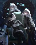  3girls :d arknights armchair bangs black_gloves black_headwear black_jacket black_necktie black_pants black_shirt bubble chair character_request closed_mouth collared_shirt commentary_request crossed_legs eye_trail eyebrows_behind_hair feet_out_of_frame formal gloves glowing glowing_eyes grey_vest hair_between_eyes hat highres jacket kyouno_(echo_field) long_hair long_sleeves looking_at_viewer multiple_girls necktie on_chair pant_suit pants parted_lips red_eyes shirt sitting skadi_(arknights) smile standing suit teeth upper_teeth very_long_hair vest 