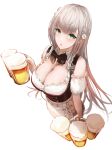  1girl absurdres bare_shoulders beer_mug black_bow black_bowtie bodice bow bowtie breasts cleavage cleavage_cutout clothing_cutout commentary cup dirndl english_commentary flower from_above german_clothes green_eyes hair_flower hair_ornament highres hololive large_breasts long_hair looking_at_viewer mole mole_on_breast mug official_alternate_costume shirogane_noel solo underbust very_long_hair virtual_youtuber wanne wavy_hair wing_collar 