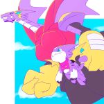  ambiguous_gender anthro arresterdramon background_sky bandai_namco blue_eyes clawed_feet clawed_fingers clothing digimon digimon_(species) dragon duo evolutionary_family gloves gumdramon handwear pg_enaena purple_body purple_skin simple_background wings 