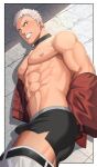  1boy abs arms_behind_back bara black_male_underwear bulge collar earrings highres jewelry male_focus male_underwear mature_male muscular muscular_male nanakase_yashiro nullq_q pectorals solo the_king_of_fighters the_king_of_fighters_&#039;97 torn_underwear underwear white_hair 