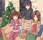  3girls alternate_costume anatamo antenna_hair black_hair black_hoodie brown_eyes brown_hair brown_sweater christmas_lights christmas_ornaments christmas_tree couch double_bun green_skirt hair_intakes hood hood_down hoodie jacket jintsuu_(kancolle) kantai_collection knitting knitting_needle long_hair long_sleeves multiple_girls naka_(kancolle) needle pants sendai_(kancolle) sitting skirt sweater track_jacket track_pants two_side_up yarn yarn_ball 