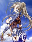  \m/ aa_megami-sama belldandy blue_eyes bracelet breasts brown_hair curvy day facial_mark forehead_mark full_body_tattoo highres jewelry joy_division large_breasts lips long_hair nipples nude one_eye_closed ponytail pubic_hair sky smile solo tattoo 