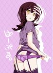  ass back blouse blush breasts butt_crack death_the_kid genderswap genderswap_(mtf) lace lace-trimmed_panties lingerie looking_back lowres no_pants open_clothes open_shirt panties panty_pull purple_legwear purple_panties shirt shuri_(84k) small_breasts solo soul_eater standing thighhighs translated underwear 