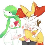  2girls animal_ear_fluff animal_ears artist_name bangs blush braixen breasts closed_mouth cowboy_shot creatures_(company) erection eyes_closed fox_ears fox_tail furry futanari game_freak gardevoir gen_3_pokemon gen_6_pokemon green_hair green_skin hair_over_one_eye half-closed_eyes hand_on_hip hand_up happy highres jpeg_artifacts knotted_penis light_blush looking_at_viewer medium_breasts mezmaroon multiple_girls navel nintendo nipples no_humans nude penis pokemon pokemon_(creature) raised_eyebrow red_eyes short_hair signature simple_background smile standing stick tail testicles two-tone_skin uncensored white_background white_skin 