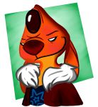  2019 absurd_res alien black_eyes bust_portrait clothed clothing digital_drawing_(artwork) digital_media_(artwork) disney ear_piercing ears_down experiment_(species) half-closed_eyes heat_(lilo_&amp;_stitch) hi_res jacket lilo_and_stitch orange_body piercing portrait red_nose simple_background smile smirk smug solo star starryblast9 