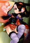  brown_eyes brown_hair censored floor highres lying momohime oboro_muramasa oboro_muramasa_youtouden pointless_censoring pussy striped striped_legwear striped_thighhighs thighhighs 