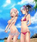  2girls alternate_hairstyle arms_behind_back bangs beach beige_bikini bikini bikini_skirt black_hair blue_hair blush breasts cloud cloudy_sky collarbone danganronpa dated day dot_nose ear_piercing earrings eyebrows_visible_through_hair flipped_hair frills from_side hair_ornament happy highres horns jewelry large_breasts looking_at_another mioda_69ch mioda_ibuki mole mole_on_breast multicolored_hair multiple_girls nanami_chiaki navel necklace palm_tree piercing pink_bikini pink_eyes pink_hair rock sand scar short_hair signature sky small_breasts smile standing stitches sun sunlight super_danganronpa_2 swimsuit tree water white_hair 
