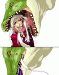  bad_end blood dinosaur dragon fangs green_eyes guro long_hair lowres saliva simple_background tongue vore white_hair 