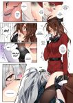  2girls aek-999_(girls_frontline) ahoge blush breasts brown_eyes brown_hair comic cunnilingus deathalice english_text eyebrows_visible_through_hair female_commander_(girls_frontline) girls_frontline gloves hair_between_eyes highres jacket licking long_hair multiple_girls oral pubic_hair pussy pussy_juice saliva shirt spread_legs tongue very_long_hair yellow_eyes yuri 