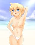  beach bikini blonde_hair blue_eyes breasts cloud clouds highres lucky_star ocean patricia_martin sand sky smile swimsuit wet 