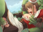  1girl blush breasts brown_hair cum cum_in_pussy cum_inside dark_matrix gangbang group_sex monster moonshell open_mouth pantyhose purple_eyes ragnarok_online rape sex short_hair tears threesome torn_clothes torn_pantyhose vaginal 